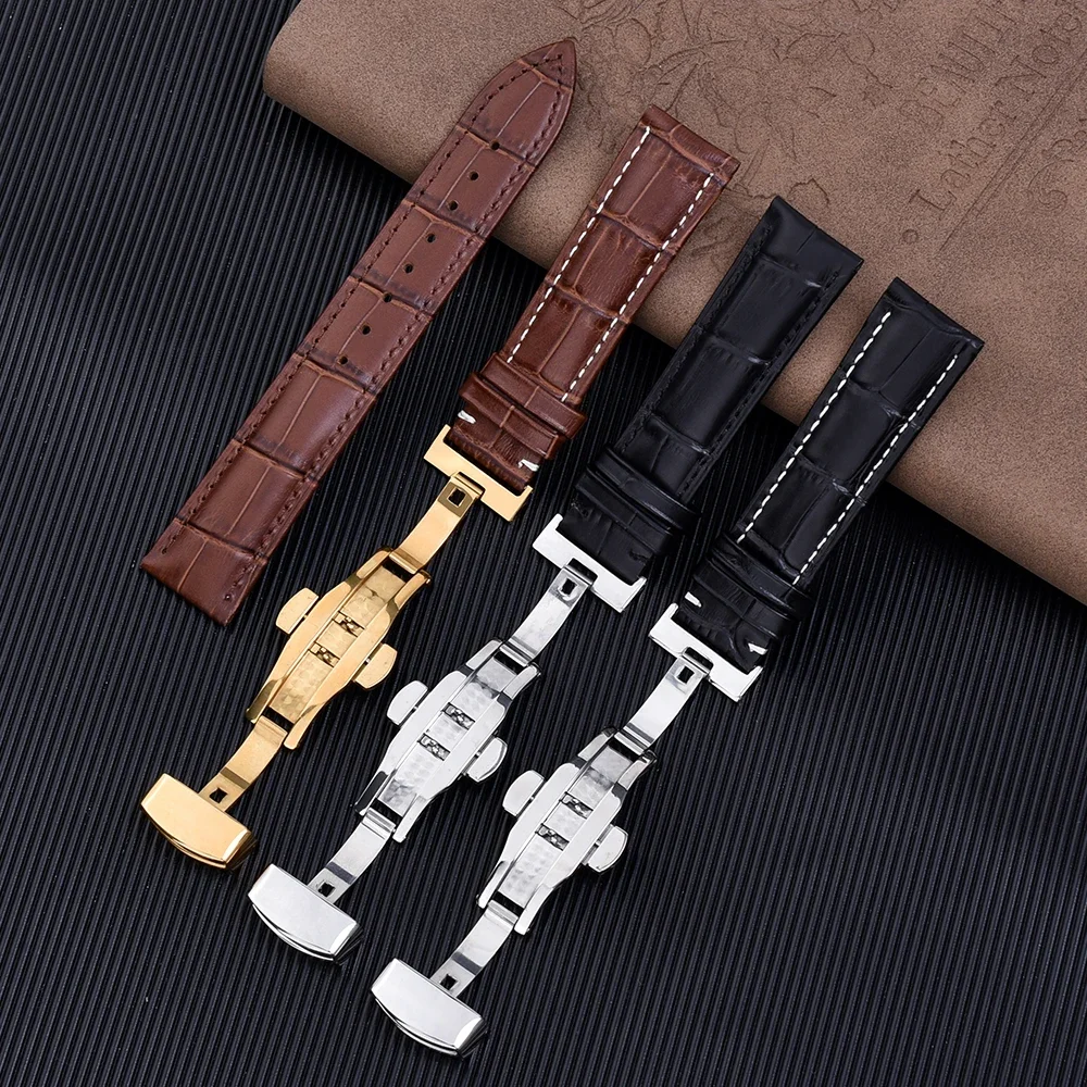 Universal Leather Strap 18mm 20mm 22mm Cowhide Watch Band Butterfly Buckle Bracelet Men For Omega/Seiko/Cartier/Rolex Watch Belt