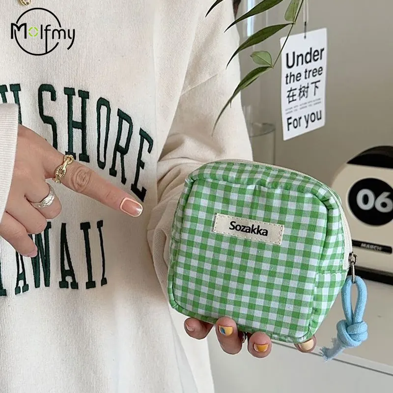 Plaid Mini Cosmetic Bag for Makeup Candy Color Make Up Sanitary Napkin Storage Bags Cotton Cloth SmallItem Bag Student Pouch Sac