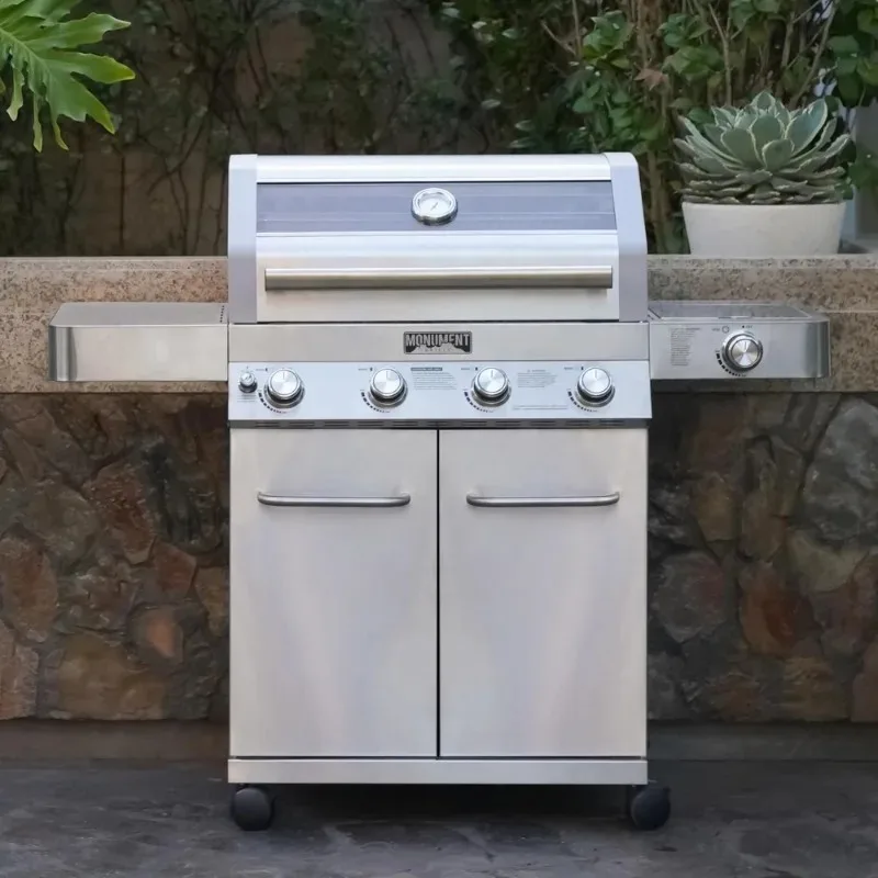 

Large 4 Burner Cabinet Style Natural Gas Grill with Side Burner LED Controls Stainless Steel