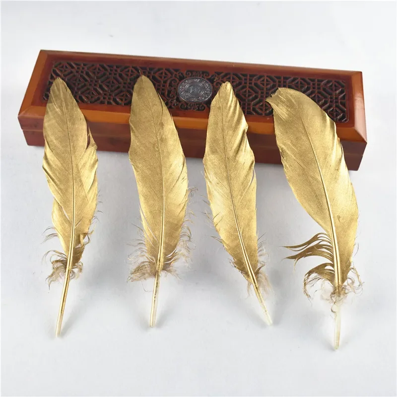 10 Stück/Set, goldfarben beschichtete, natürliche Gänsefedern für Bastelarbeiten, Hüte, Verzierungen, Federn, Dekoration, DIY-Hochzeitsdekoration. – Detail 7