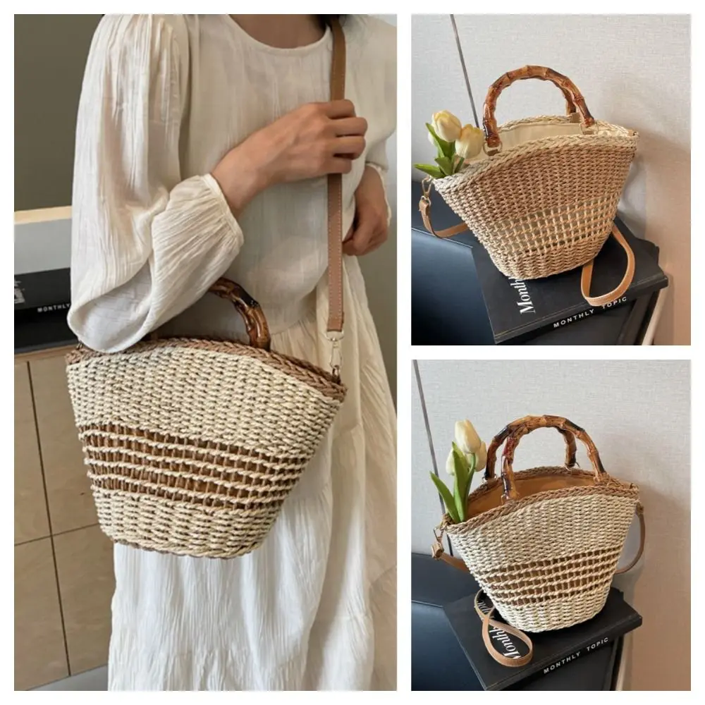 

Trendy Sweet Weave Straw Bag Large Capacity Summer Bucket Shoulder Bag Streetwear Casual Beach Tote Bag Shopping