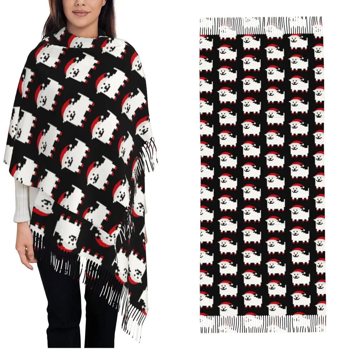 

Женский шарф с кисточкой, раздражающая собака, рождественская длинная зимняя теплая шаль, накидка Deltarunes Spamton, повседневная одежда, кашемировый шарф