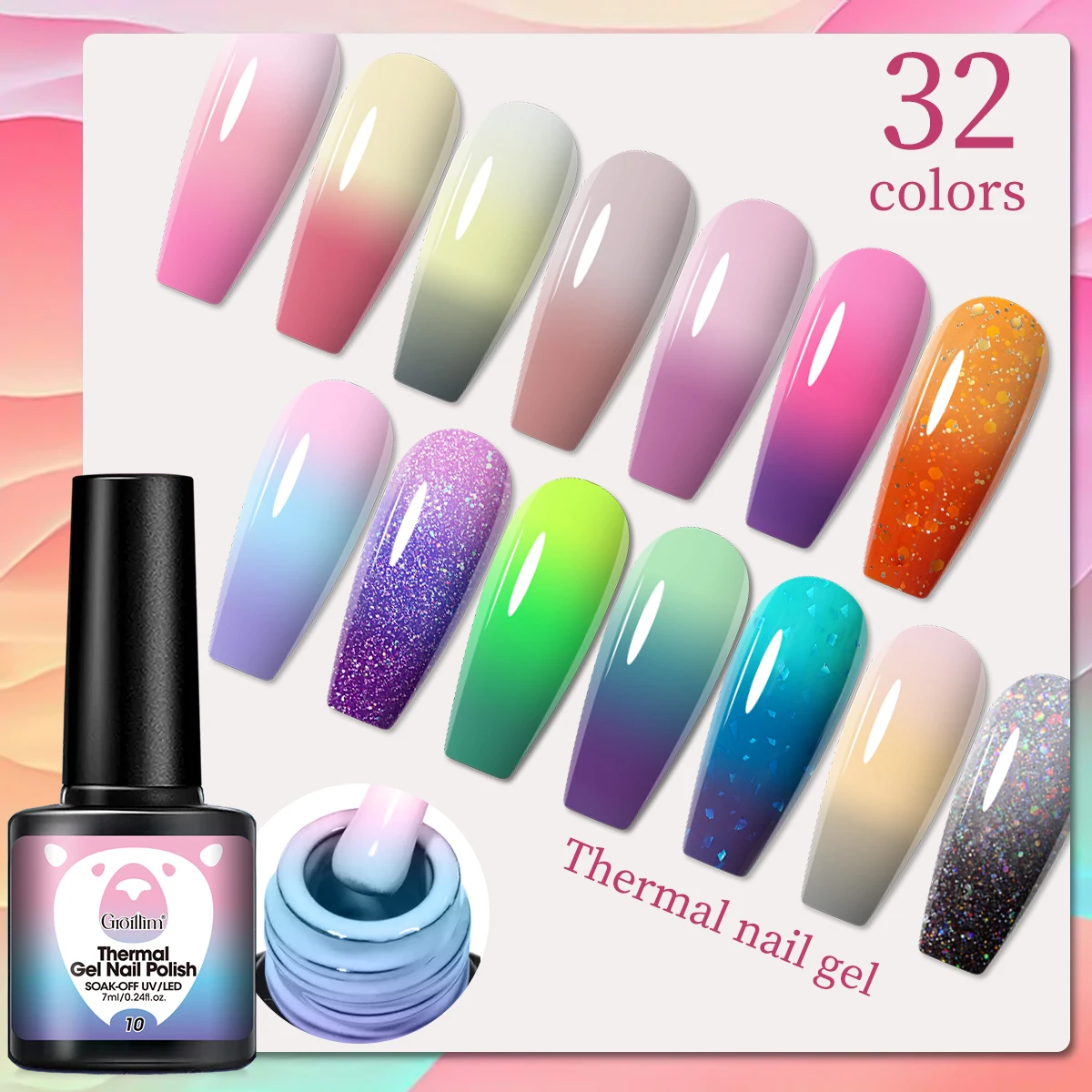 7ml Thermal Color-Changing Gel Polish - Reflective Glitter Soak-Off /LED Semi-Permanent Nail Varnish, & Odorless, 0°C to 30°C Ac