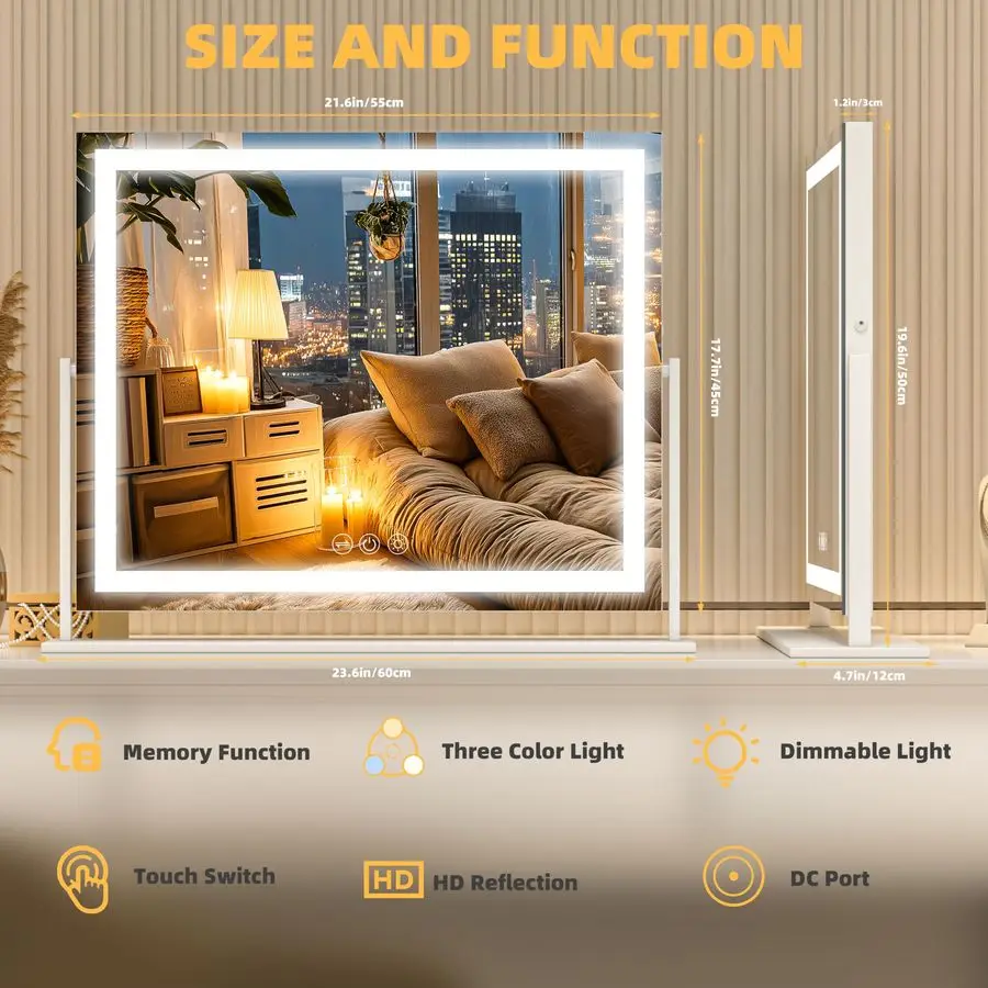 مرآة مع أضواء، مرآة مكياج مضاءة 24 × 20، شاشة تعمل باللمس مع إضاءة 3 ألوان، قابلة للتعتيم لمكتب الزينة على سطح الطاولة المربعة #2
