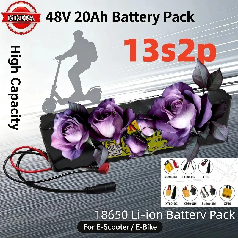 48V 20Ah 18650 E‑bike Lithium Battery Pack 13S2P With BMS Charger For 1000W Electric Scooter
