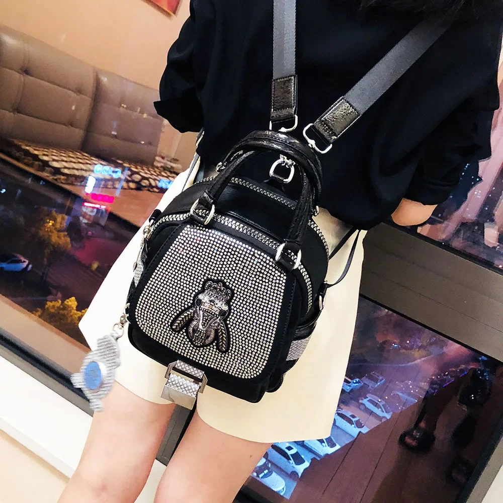 Female Vegan Leather Shiny Rhinestone Small Size Convertible Handbag Backpack Luxuri Designer Stylish Travel Everyday Daypack