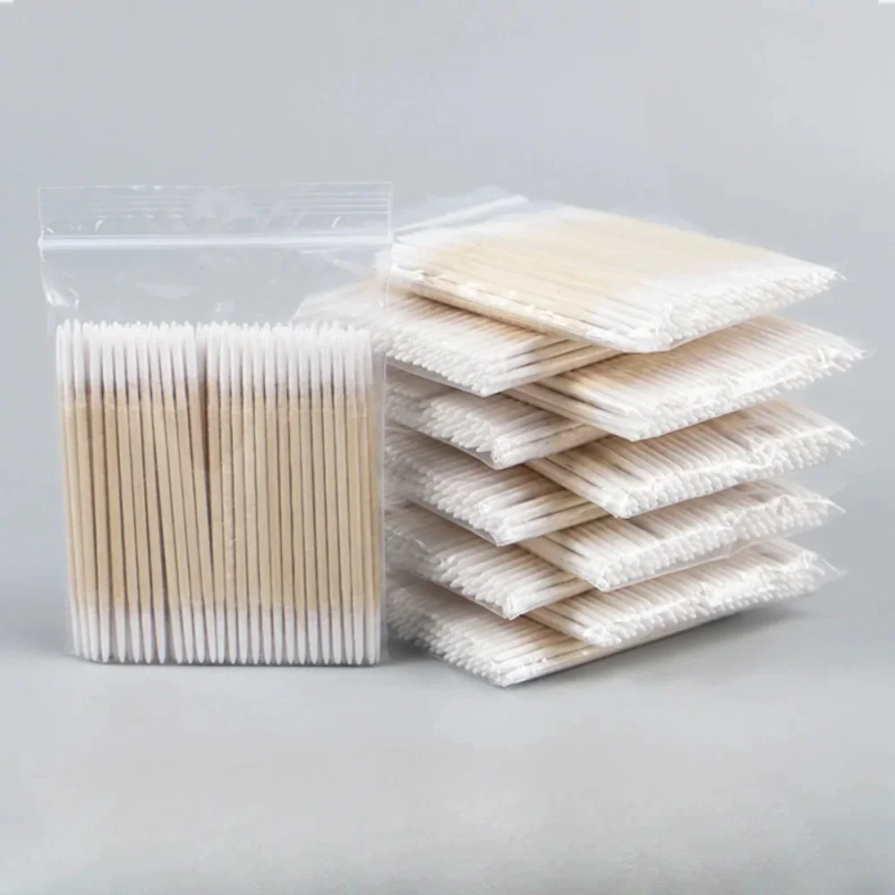 100-500pcs Wooden Tip Cotton Stick Multi-Purpose Long 7cm Semi Permanent Embroidered Cotton Swabs with Wooden Handle Tip