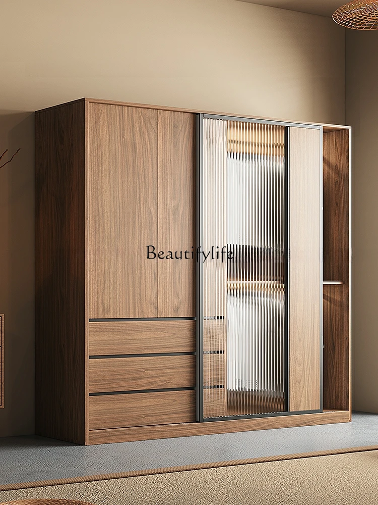 Nordic Style Sliding Door Wardrobe Wood Grain Color Tempered Glass Cabinet Door Combination