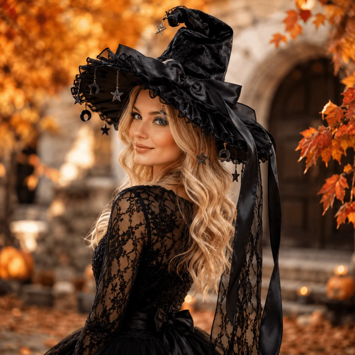 Halloween Witch Hat Gothic Wizard Hat Headwear With Detachable Bow