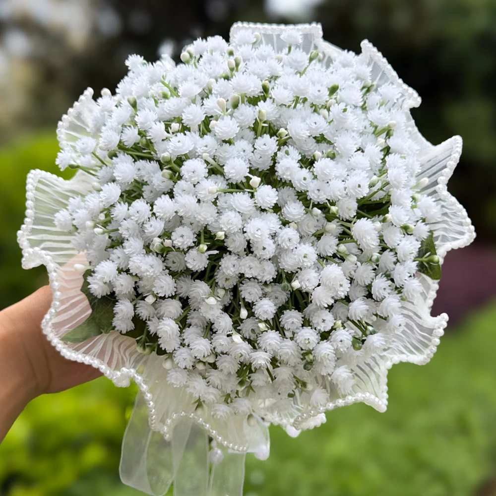 White Gypsophila Wedding Bridal Bridesmaid Bouquet, with Pearl Tulle and Transparent Streamer ,For Weddings Proposal, Confession