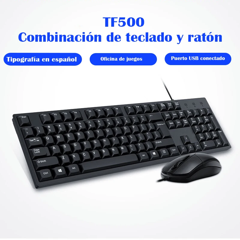 

TF500 Набор клавиатуры и мыши Компьютерные офисные аксессуары USB Проводная игровая клавиатура Испанский ноутбук Лазерная мышь Колесо прокрутки Черный