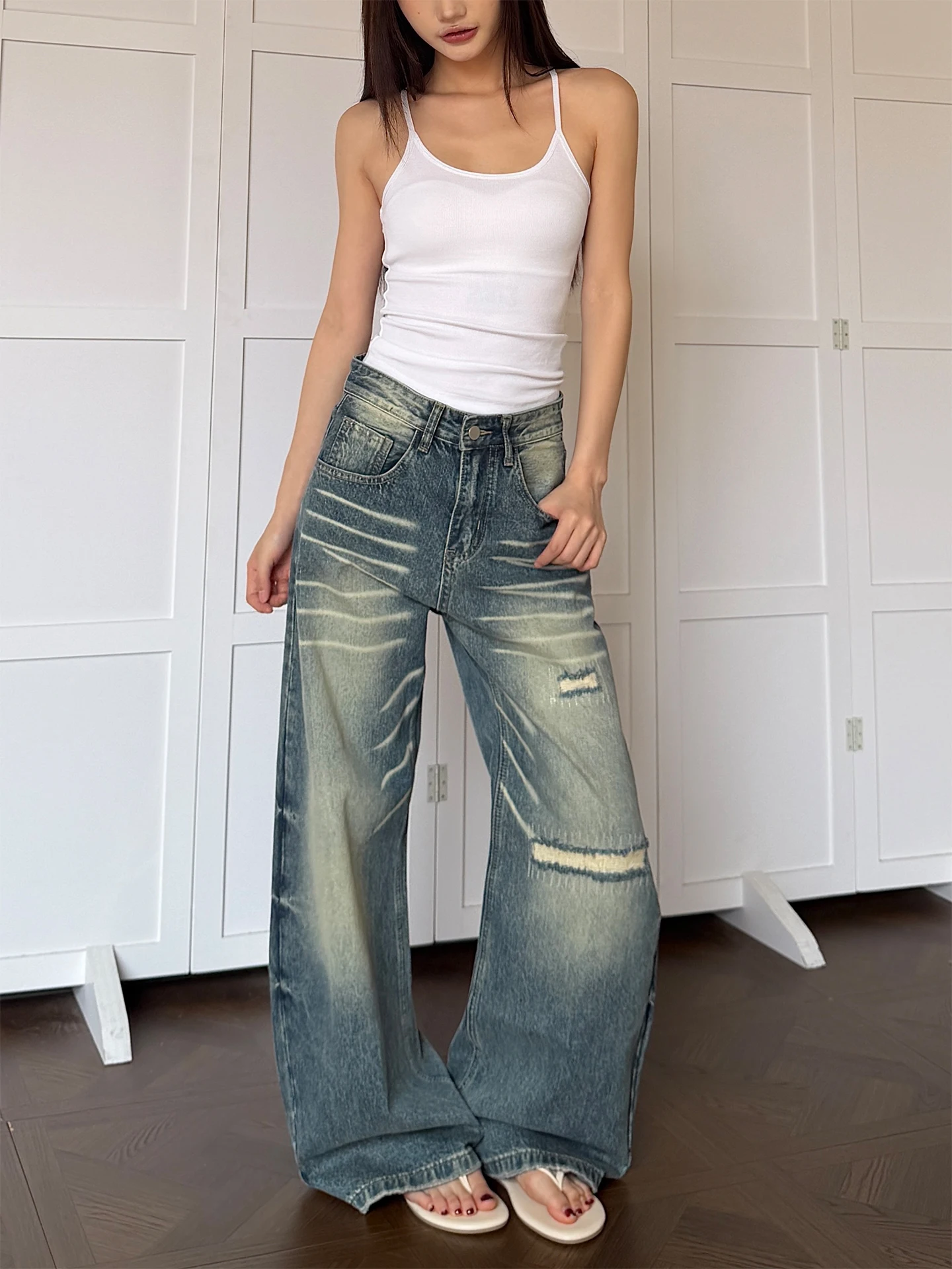 

Don Cry Women's Wide Leg Jeans Knife Washed Denim Pants Torn Casual Style American Vintage Design Loose Fit Long Trousers