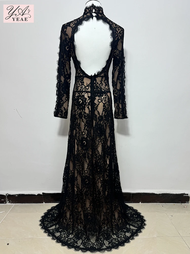 Black Lace Cut Out Long Dress Backless High Split Maxi Long Sleeves O Neck Celebrity Slim Cocktail Party Evening Gowns image 3
