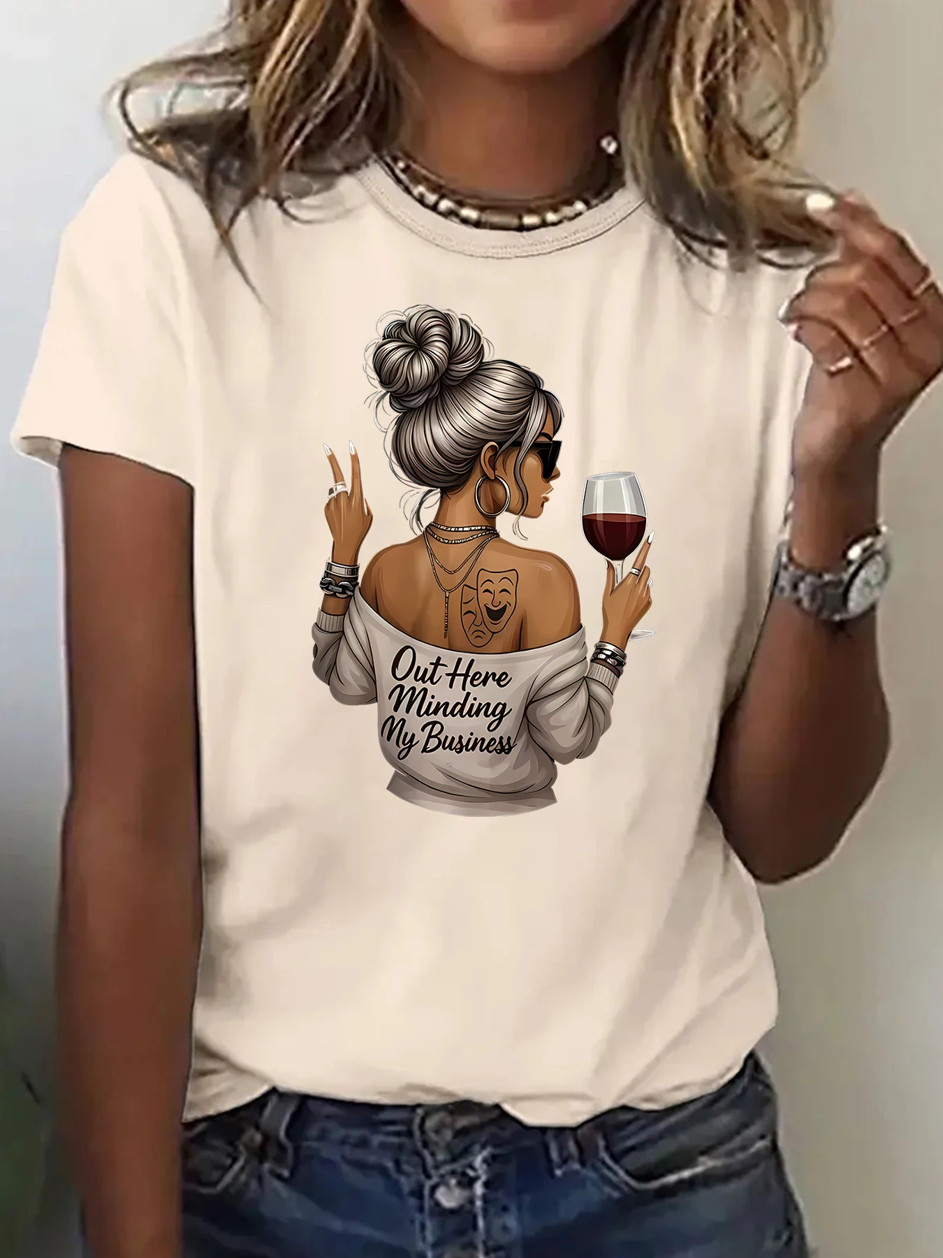 Women Summer Crew Neck Short Sleeve T-Shirt, Cool Lady Holding Wine Glass Slogan Graphic Print, Casual Daily Wear Tee For Women
