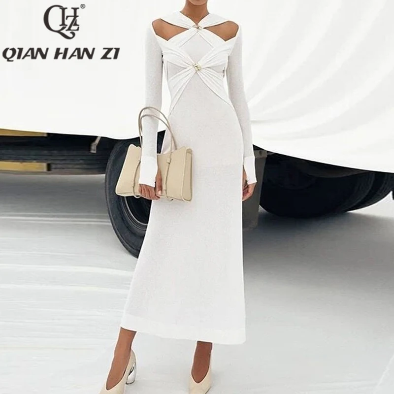 

QHZ Designer Fashion Metal Button Slim Vintage Dress Women's Long Sleeve high-quality off-the-shoulder sexy knitting Long Dress