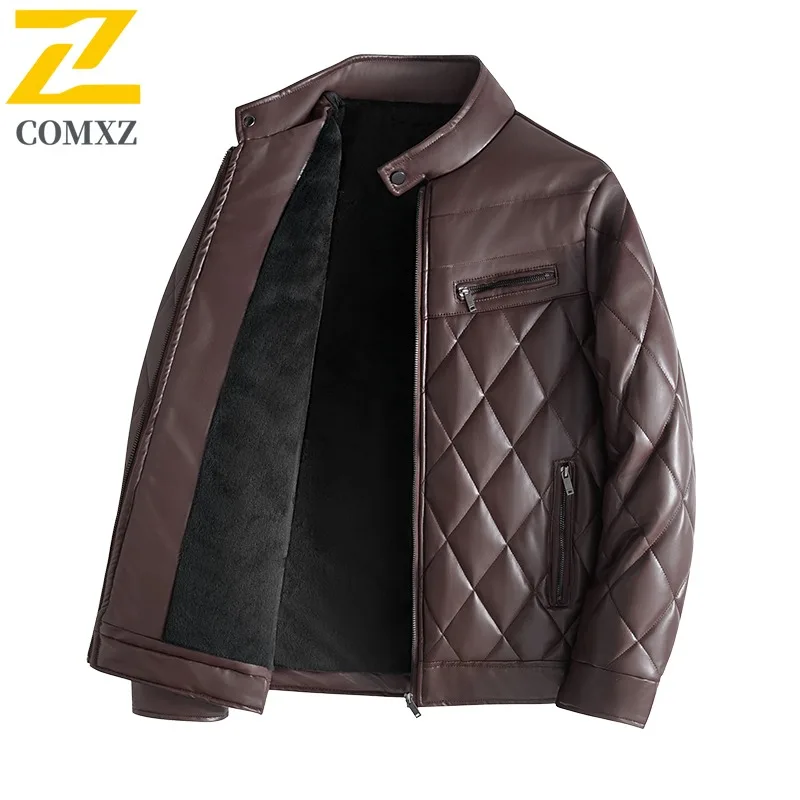 COMXZ Winter Man PU Leather Jacket Fashion Outdoor Camping Windproof Warm Coat Classic Stand Collar Coldproof Comfort Outerwear​
