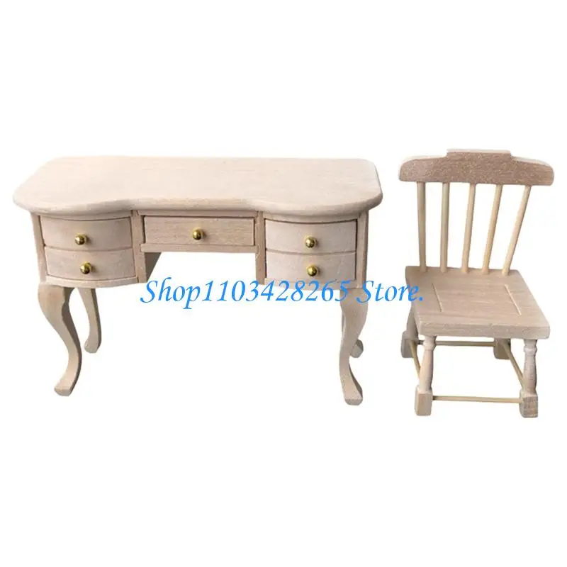 

Крошечный деревянный рабочий стол в масштабе 1/12 с подходящим стулом, миниатюрный домашний декор для рукоделия G2TE