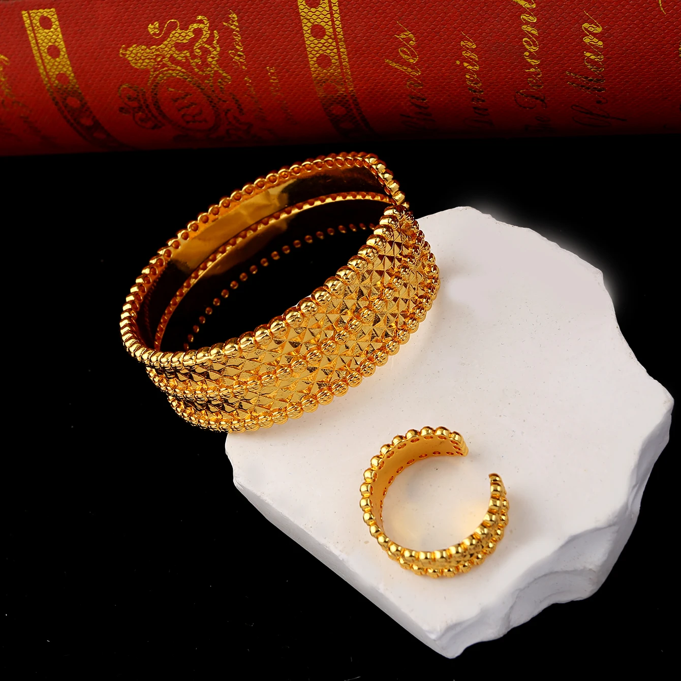 New Copper Gold Plated Women Cuff Bracelet Ring Arabic Design Middle East Bridal Hand Jewelry Muslim Luxury Bangles