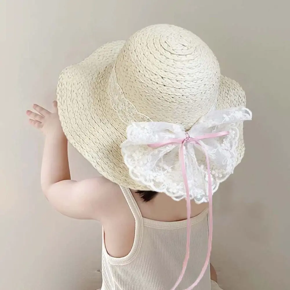 

Lovely Sweet Bowknot Straw Sun Hat Ribbon Lace Brim Girls Bucket Hat Korean Style Breathable Woven Handbag Summer