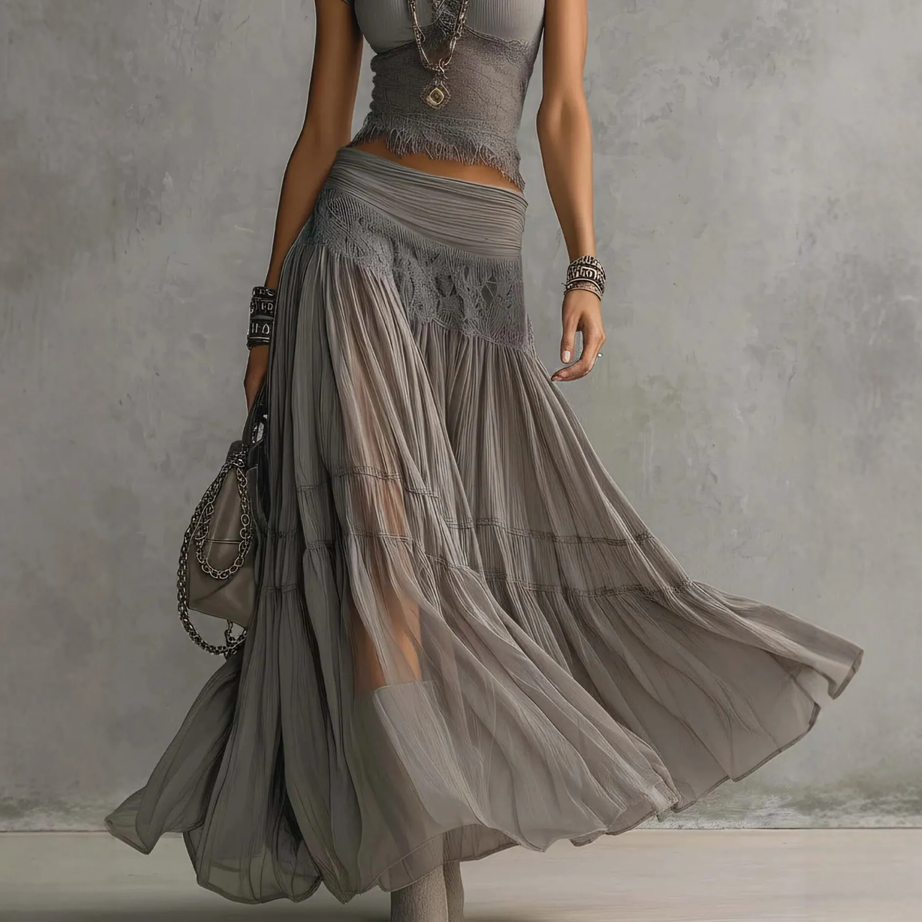 2026 Gray Knitted Top + Chiffon Dress Set Women's Fashion Elegant Two-piece Set Skirts Sets Outfits Big Swing Skirts Y2K view 4