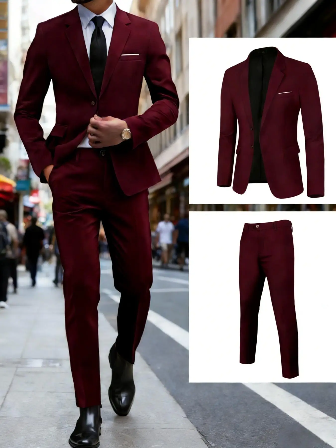 

Мужской бордовый костюм-двойка (только пиджак и брюки, без жилета), приталенный крой, для официальных мероприятий, деловых встреч, свадеб и вечеринок.