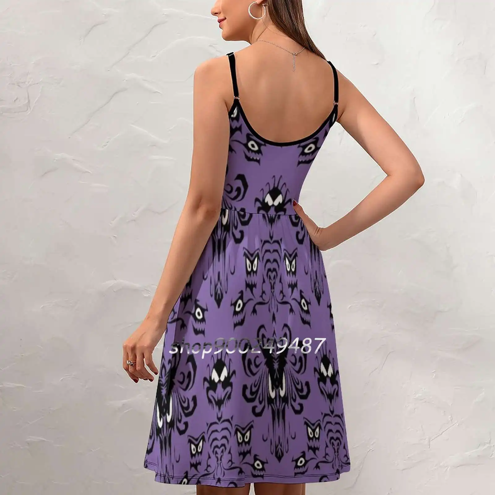 999 Happy Haunts Sling Dress Women Summer Printing Condole Belt Dresses Haunted Mansion Wallpaper Eyes Creepy Spooky Halloween