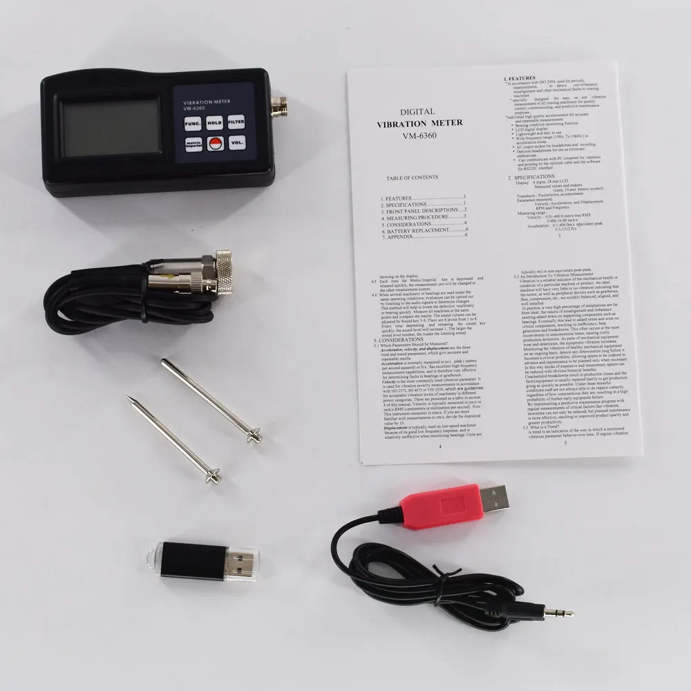 VM-6360 Digital Vibration Tester Meter Analyzer with Software and Data Cable 0.01-400mm/s True RMS Vibrometer