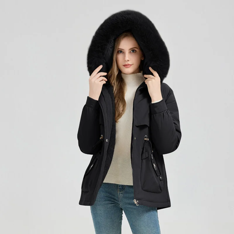 

Auutmn Winter Thick Cotton Padded Jacket for Women Outerwear Fashion Fur Collar Hooded Short Coat Female 2025 New Parkas