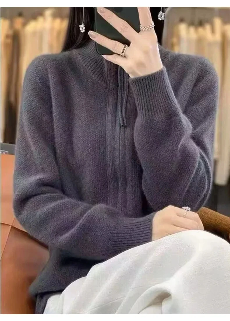 

Осень и зима, новый темпераментный женский вязаный кардиган с двойной молнией, однотонный свитер, утолщенный свободный женский топ