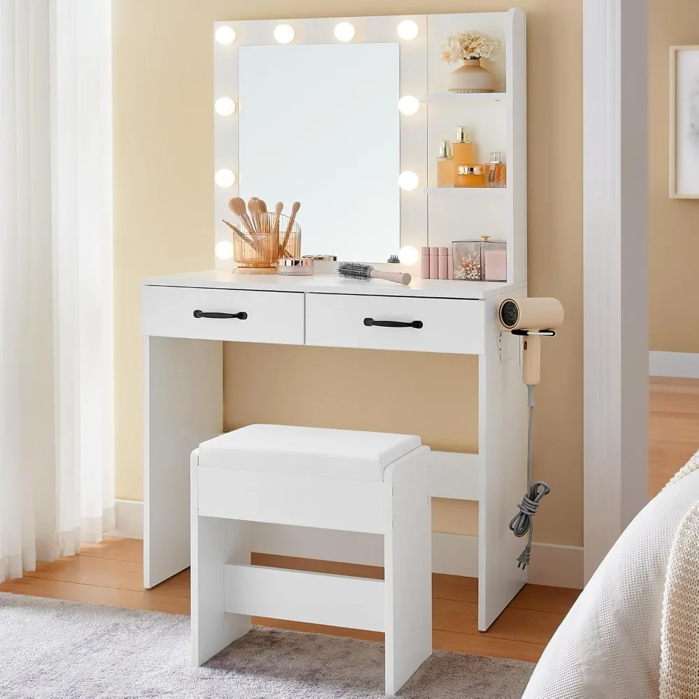 

Vanity Desk with HD Mirror and Brighter Lights, 3-Colour Brighter Bulbs, Cushioned Storage Stool, 6 Storage Spaces