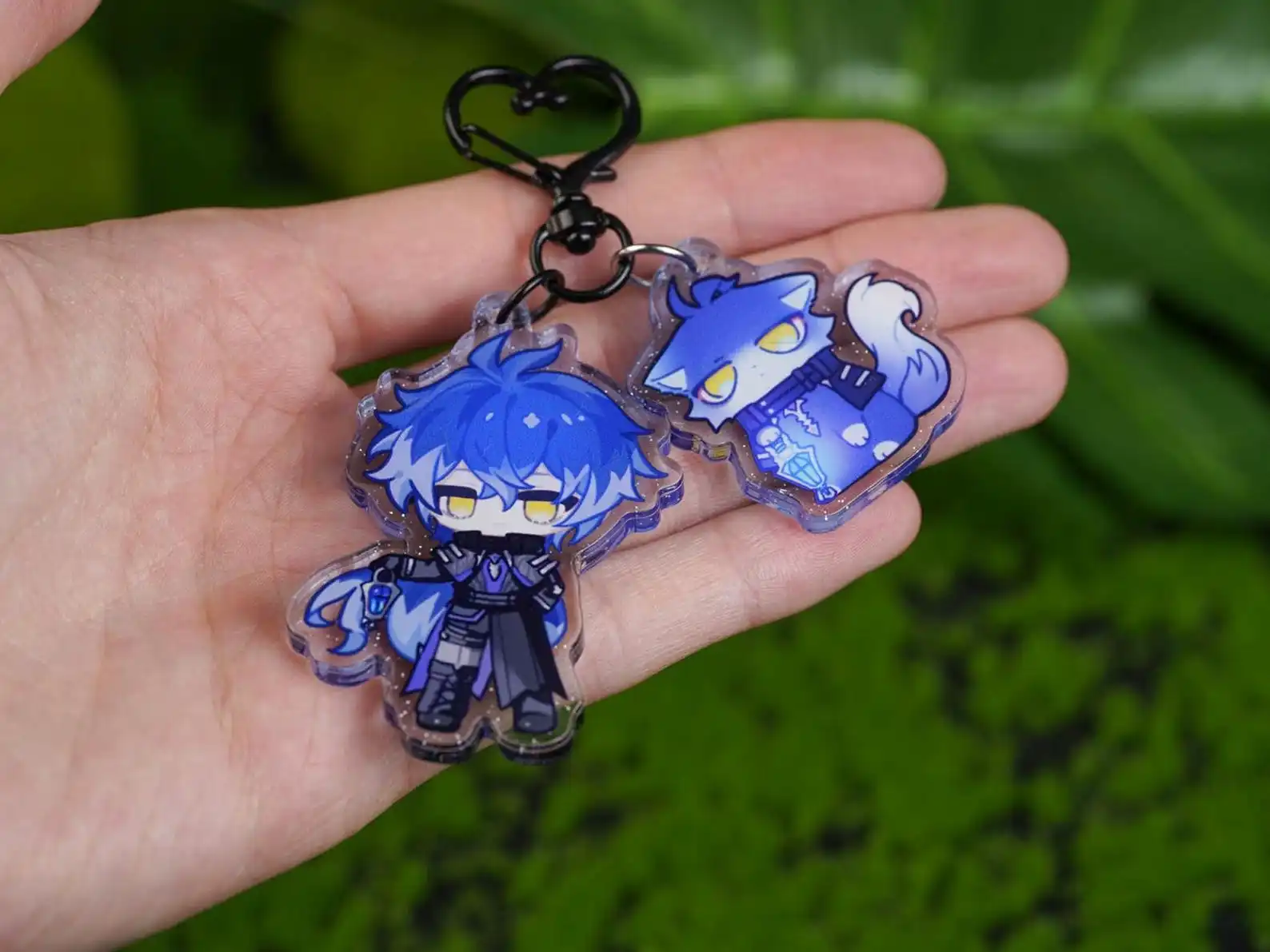 Genshin Impact Flins 2-Piece Glitter Acrylic Keychain Set - Blue Themed Chibi Character Charm for Fandom Fans