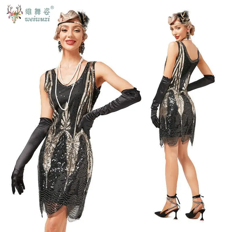 Лидер продаж, без рукавов, с круглым вырезом, высококачественное банкетное вечернее платье с блестками и жемчугом, ретро-тематический сценический костюм