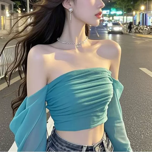 New line shoulder mesh long sleeve T-shirt women with slim-fit hottie sexy explosion street wear short top