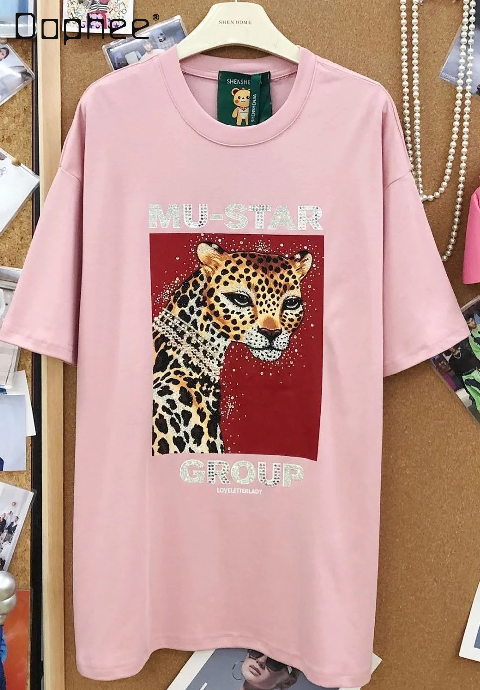

2026 New Fashion Rhinestone Leopard Print Loose Fit Casual Cotton Crew Neck Short Sleeve T-shirt Summer Women Tops