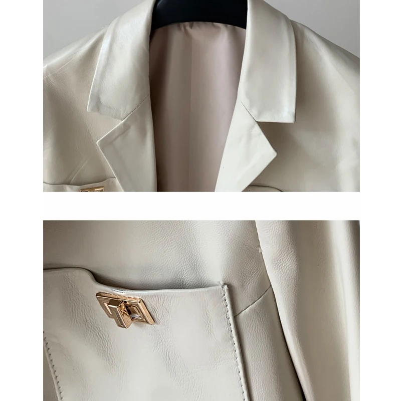 100% echtes Leder Frauen Kurze Blazer Jacke Mäntel Mode Schwarz/Weiß Weibliche Herbst Metall schnalle Casual Schaffell Anzug Jacken