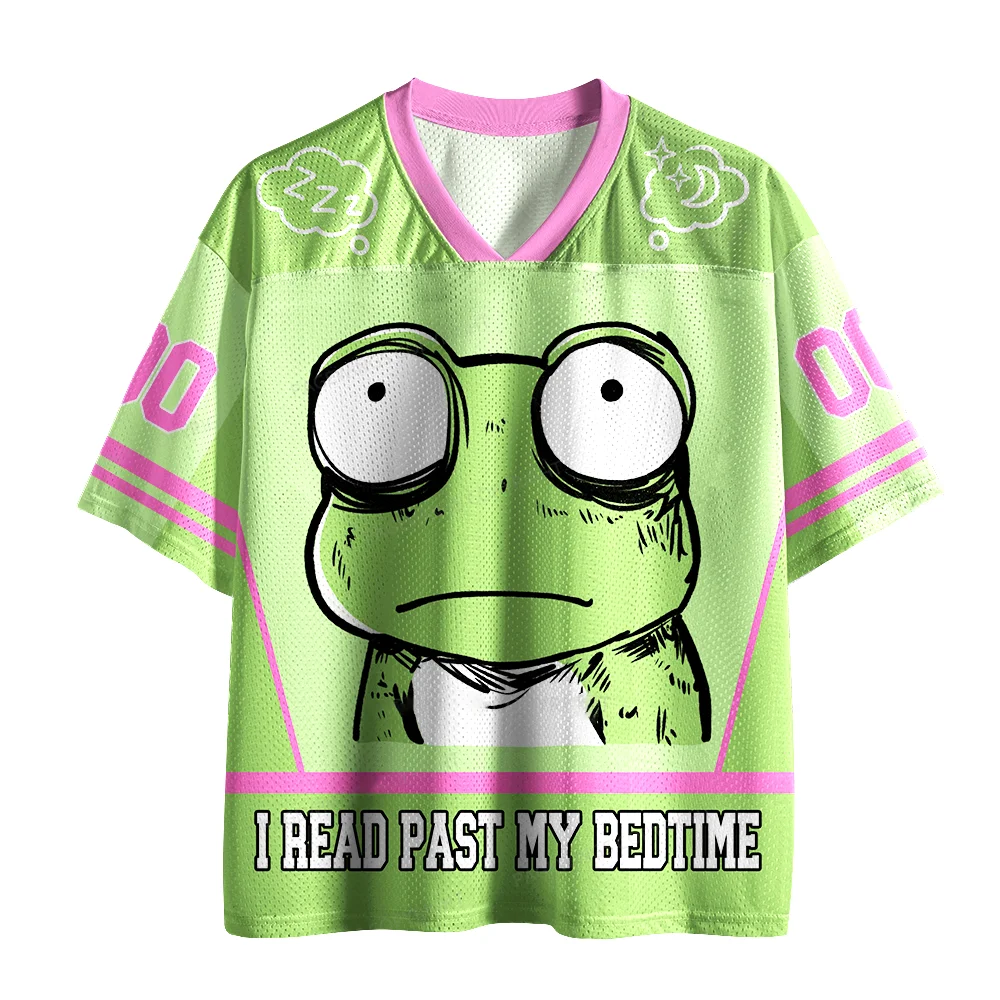 I Read Past My Bedtime Frog Mesh Jersey Tshirt, Light Green Cartoon Frog V Neck Short Sleeve Sports Top