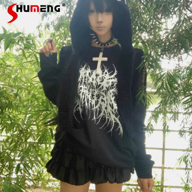 

Темно-черная хлопковая футболка, толстовка, пуловеры, массовое производство японского готика, свободные топы с длинными рукавами, толстовки, крутые пуловеры для женщин