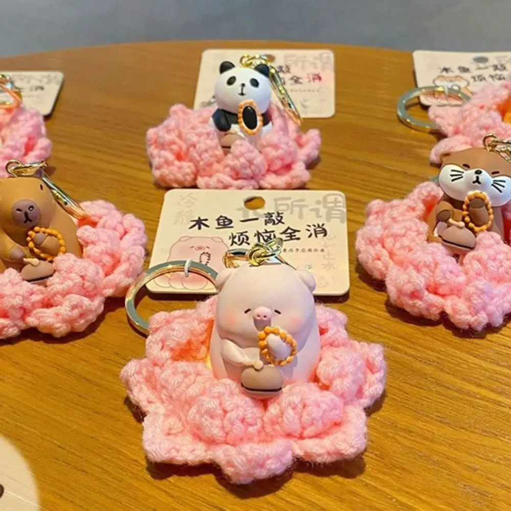 Cartoon Otter Lotus Capybara Keychain Panda Pig Wooden Fish Puppy Pendant Kapibara Woolen Yarn Calico Cat Keyring Bag Hanging