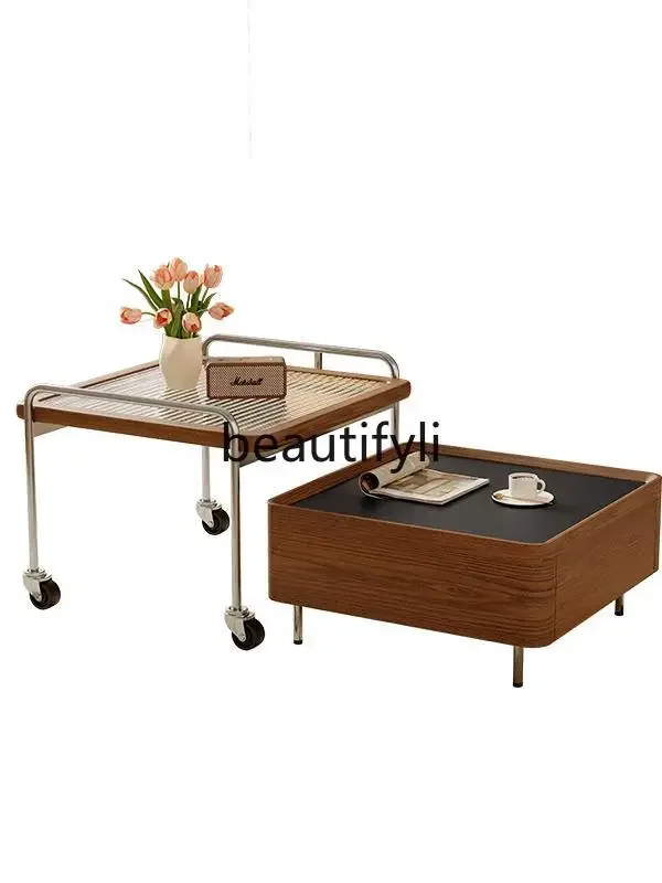

Medieval style coffee table combination small apartment living room household Bauhaus storage solid wood rock slab coffee tab