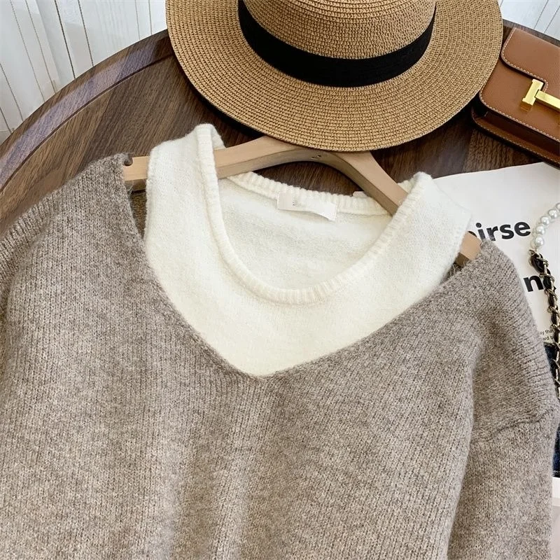 Soft Lazy Style Autumn Winter New Women's Off Shoulder Sweater Two Piece Set Loose Outer Layered Knit Top