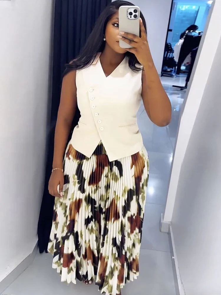 

Sexy Two Piece Set for Women Sleeveless White Waistcoat and Floral Skirt Sets Summer Sets with Dress Wholesale Dropshipping