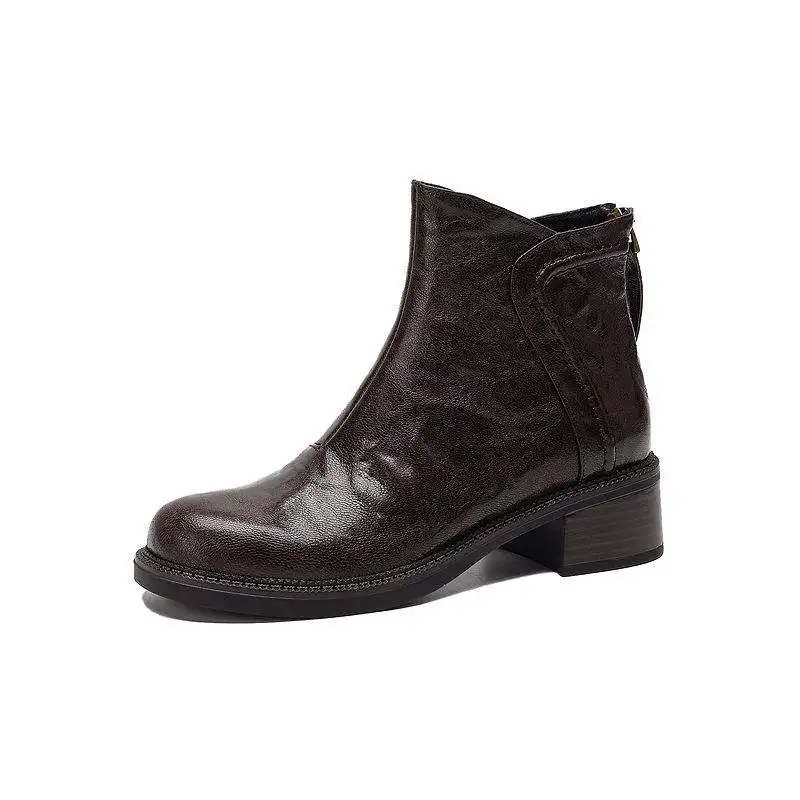 Krazing Pot Sheepskin Round Toe Med Heels Zip Modern Boots Warm Winter Shoes Fashion Street Wear Pleated Decoration Ankle Boots