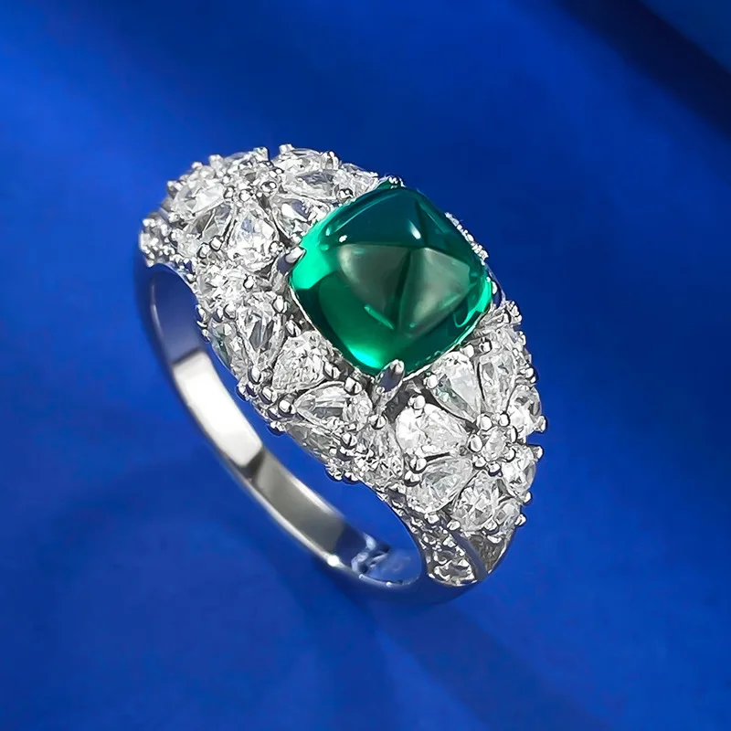 

925 Sterling Silver Women Emerald Ring Surgarloaf 7x7mm Luxury Elegant Wedding Gift