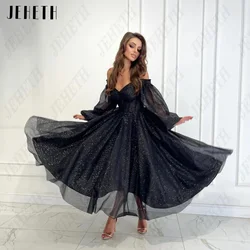 JEHETH Fashion Black Off Shoulder Prom Dress Puff Sleeves V-Neck Evening Dresses A-Line Ankle Length فساتين سهره فاخره 2023