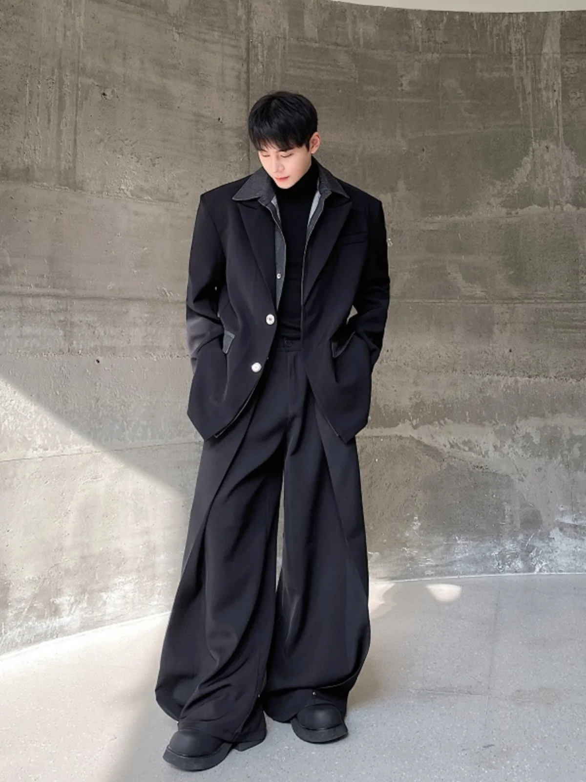 Casual Sle Men's Denim Patchwork oulder Pad Suit Jaet Trendy Korean Version Loose Fit Long Sve Spring Autumn Winter