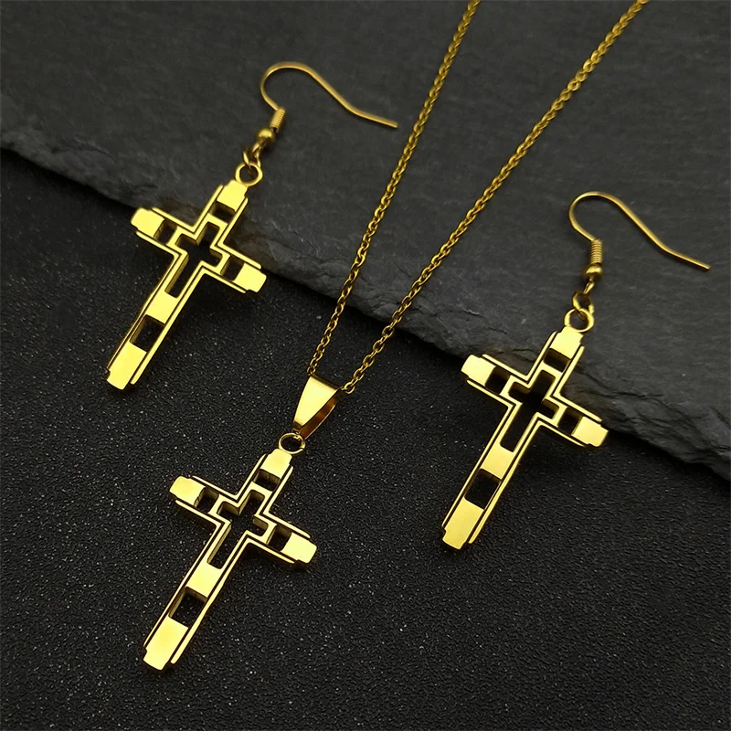 

Christian Jesus Cross Stainless Steel Choker Necklace Earrings Set for Women Man Gold Color Chain Necklace Party Jewelry Gift