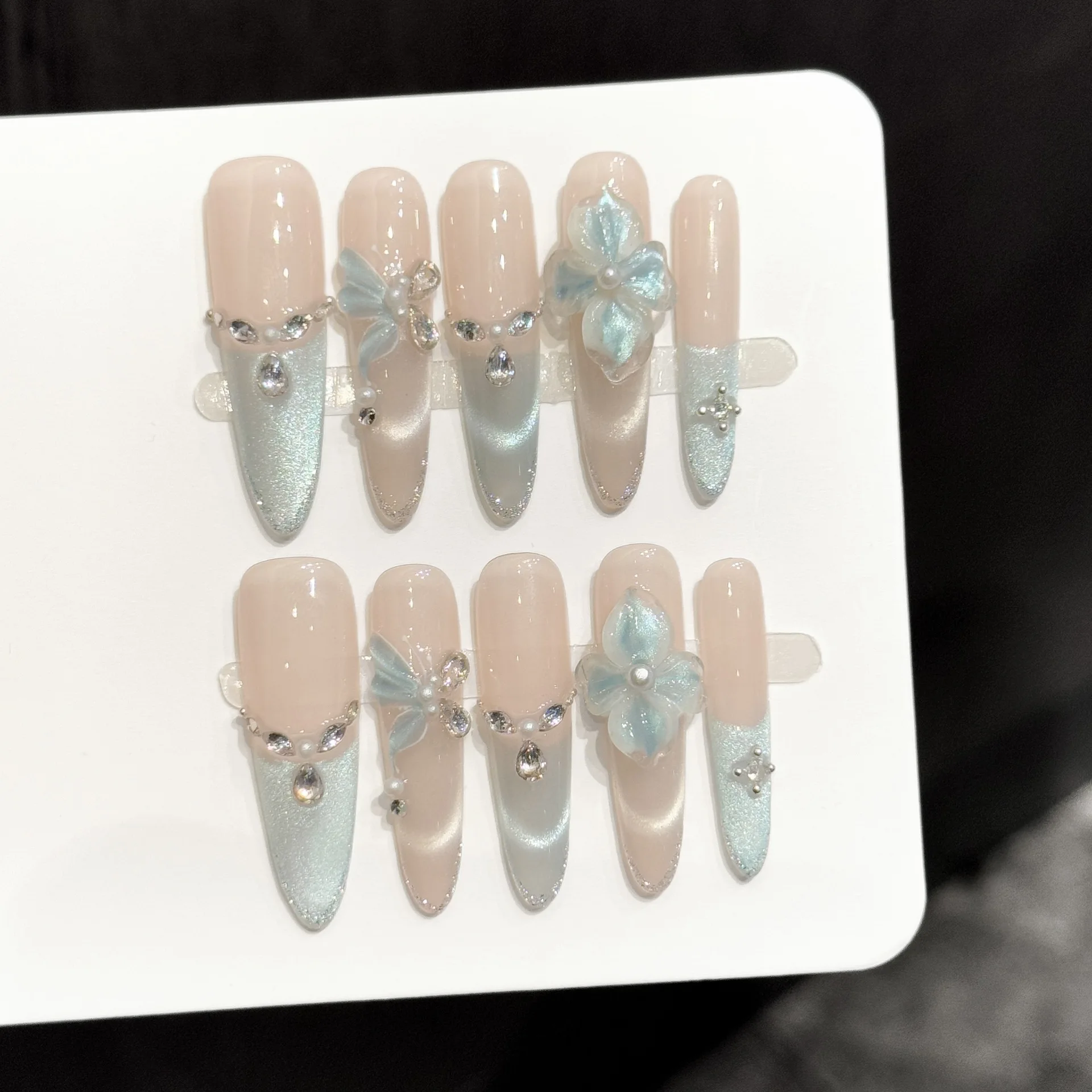 

10pcs Long Almond Handmade Press On Nails Ice Transparent Blue French Style False Nails With 3D Flower Butterfly Decor Fake Nail