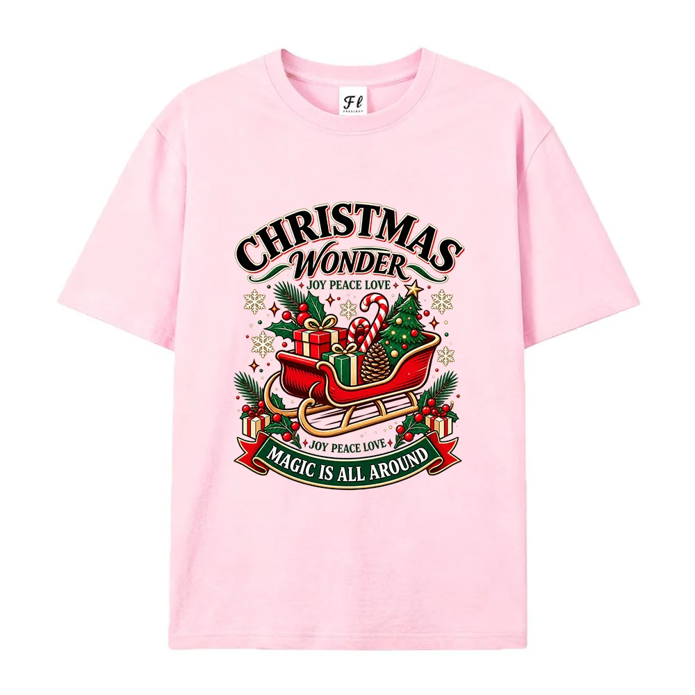Women's Christmas Wonderland Graphic T Shirt Santa Sleigh Tree Gift Print Casual Short Sleeve Crew Neck Holiday Tee