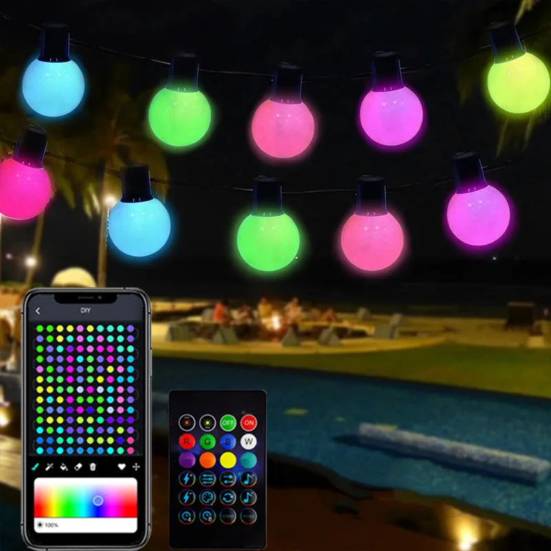 Inteligente ao ar livre LED String Lights, lâmpada impermeável, lâmpadas globo, App controle remoto, música Sync, Bluetooth, RGB, G40