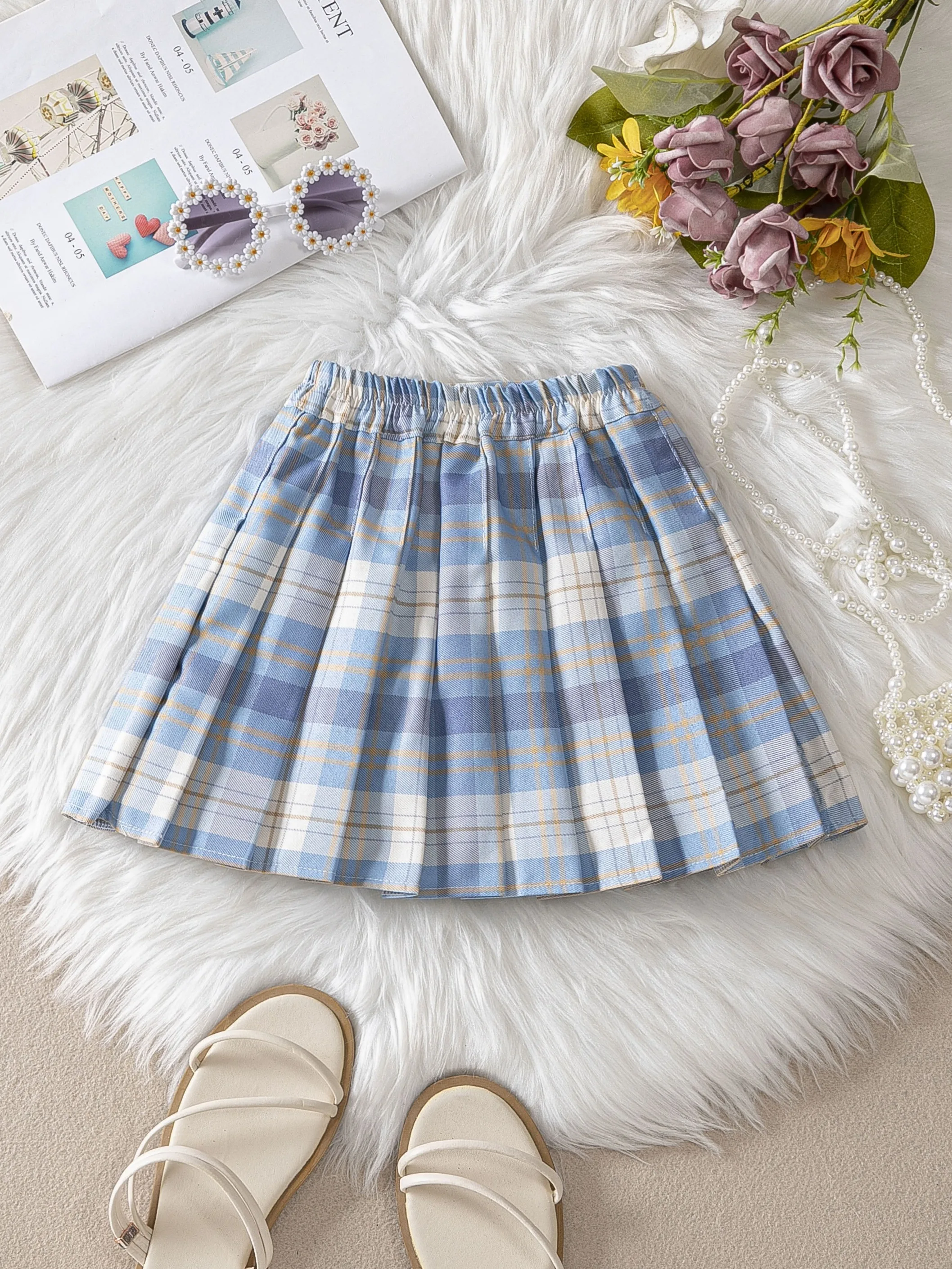 Girls Pleated Skirt, Kidsren\'s Four-Season Short Skirt, Versatile Girl\'s A-Line Skirt, Medium and Large Kidsren\'s Skirt, Summer Plaid Multi-Color